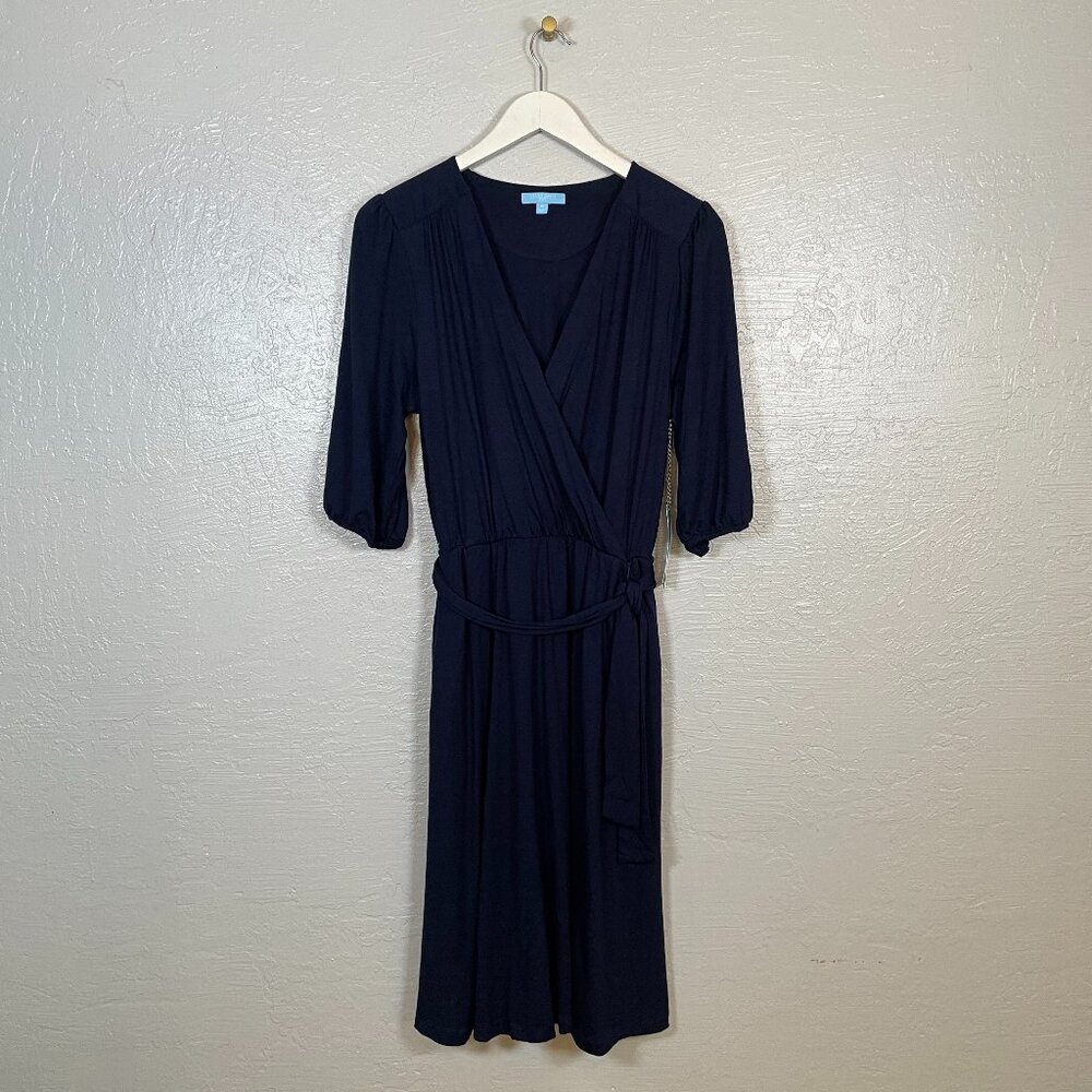 Draper James RSVP Women M Navy Blue Knit Wrap Dress Pockets 3/4 Sleeve Stretch